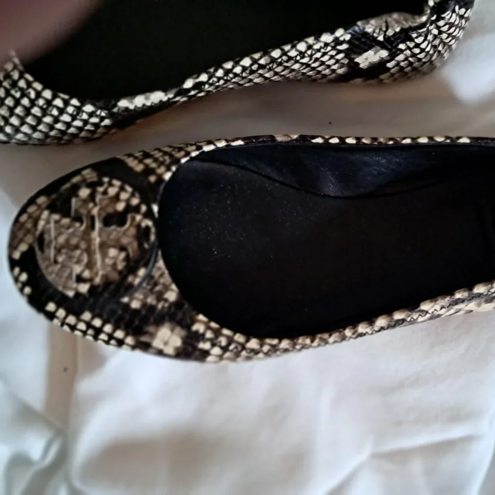 Tory Burch Snake-Print Leather Logo Ballet Flats in Beige, Brown & Black